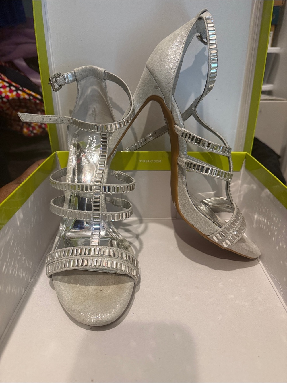 Gianni Bini Silver T-Strap Rhinestone Heels